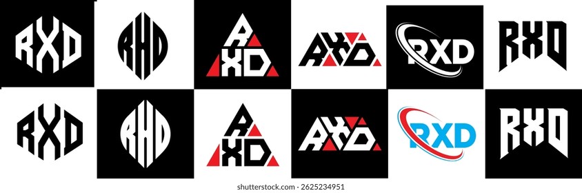 RXD letter logo design in six style. RXD polygon, circle, triangle, hexagon, flat and simple style with black and white color variation letter logo set in one artboard. RXD minimalist and classic logo