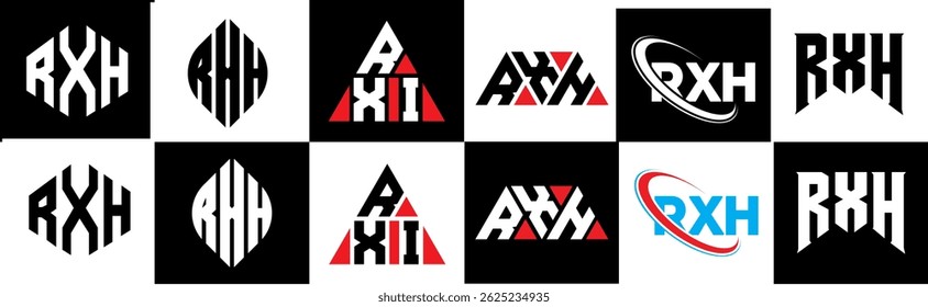 RXH letter logo design in six style. RXH polygon, circle, triangle, hexagon, flat and simple style with black and white color variation letter logo set in one artboard. RXH minimalist and classic logo