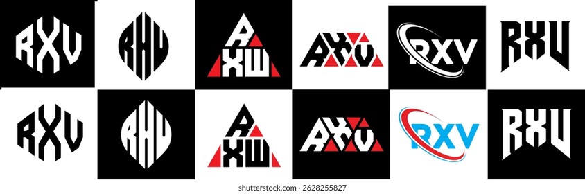 RXV letter logo design in six style. RXV polygon, circle, triangle, hexagon, flat and simple style with black and white color variation letter logo set in one artboard. RXV minimalist and classic logo