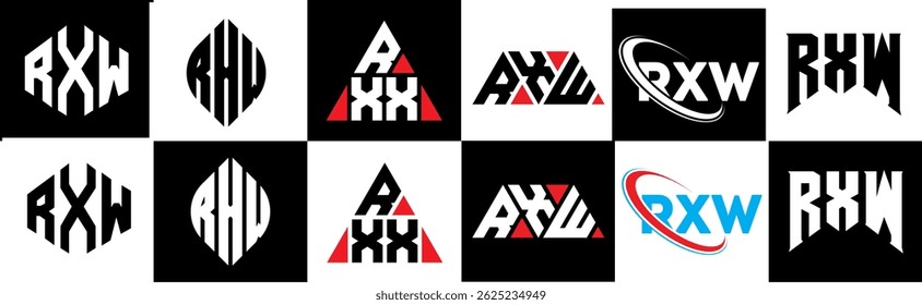 RXW letter logo design in six style. RXW polygon, circle, triangle, hexagon, flat and simple style with black and white color variation letter logo set in one artboard. RXW minimalist and classic logo