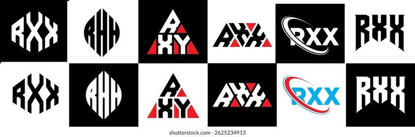 RXX letter logo design in six style. RXX polygon, circle, triangle, hexagon, flat and simple style with black and white color variation letter logo set in one artboard. RXX minimalist and classic logo