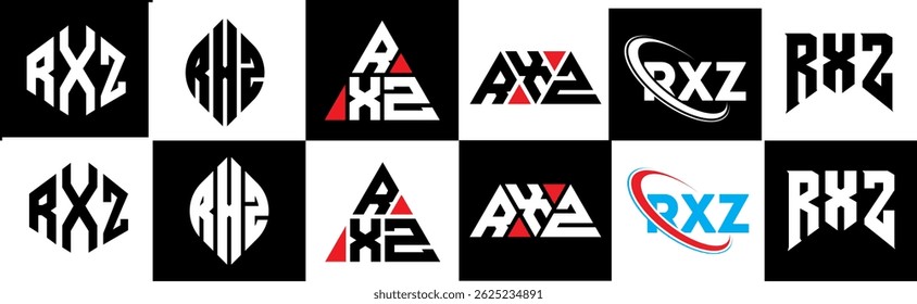RXZ letter logo design in six style. RXZ polygon, circle, triangle, hexagon, flat and simple style with black and white color variation letter logo set in one artboard. RXZ minimalist and classic logo