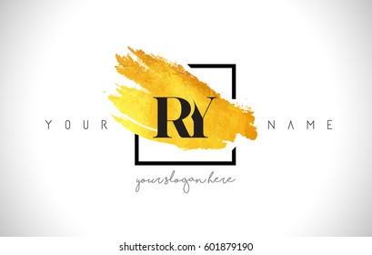 RY Golden Letter Logo Design with Creative Gold Brush Stroke and Black Frame.