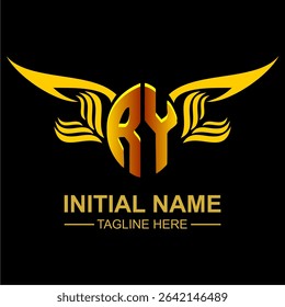 RY Golden Wing Emblem Logo with elegant gold wings, sleek and modern design. Ideal for branding, creative projects, luxury businesses, or artistic ventures.