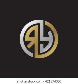 RY initial letters looping linked circle elegant logo golden silver black background