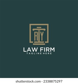 Logotipo de monograma inicial RY para la firma de abogados con diseño de hitos en cuadrado creativo