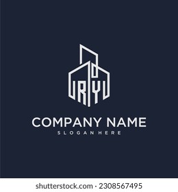 RY initial monogram logo for real estate with building style