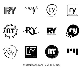 RY logo company template. Letter r and y logotype. Set different classic serif lettering and modern bold text with design elements. Initial font typography. Collection trendy business identity.