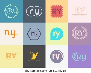 RY logo company template. Letter r and y logotype. Set different classic serif lettering and modern bold text with design elements. Initial font typography. Collection trendy business identity.