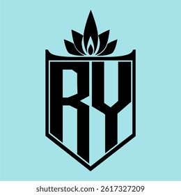 RY Logo featuring a minimalist design with a crown-like flower symbol on top, bold black elements, and a soft blue background, perfect for branding and modern visual identity.