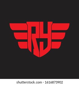 RY Logo monogram with emblem and wings element design template on red colors