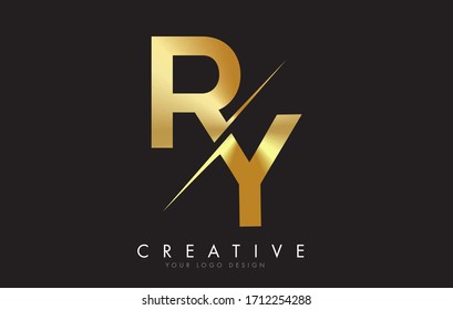 RY R Y Golden Letter Logo Design with a Creative Cut. Creative logo design with Black Background.