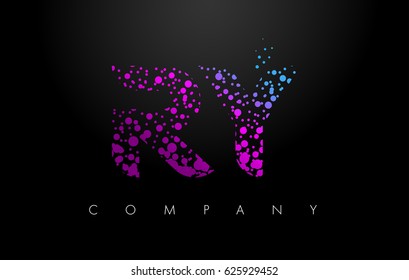 RY R Y Letter Logo with Purple Blue Particles and Bubble Dots Design Vector.