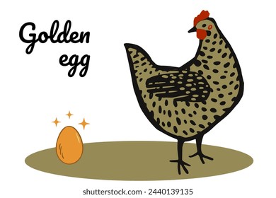 The Ryaba hen laid a golden egg, the plot of a fairy tale. Golden-laying Chicken. Investment, wealth, profit and luck concept. Flat design. vector illustration on white for  Children Books, magazines