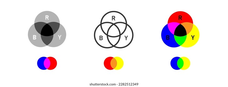 RYB palette icon set on light background. Color calibration. Color mixing. Outline, flat and colored style. Flat design. 