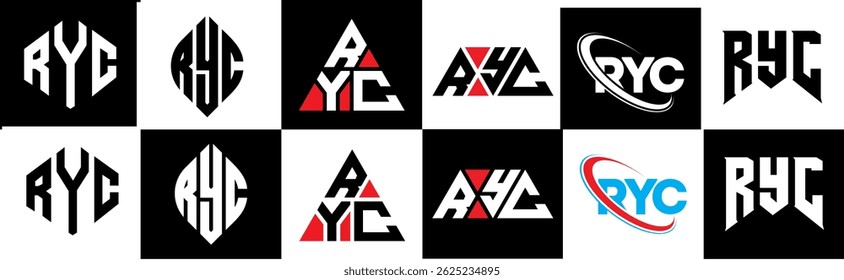 RYC letter logo design in six style. RYC polygon, circle, triangle, hexagon, flat and simple style with black and white color variation letter logo set in one artboard. RYC minimalist and classic logo