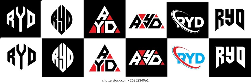 RYD letter logo design in six style. RYD polygon, circle, triangle, hexagon, flat and simple style with black and white color variation letter logo set in one artboard. RYD minimalist and classic logo
