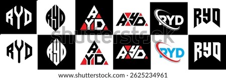 RYD letter logo design in six style. RYD polygon, circle, triangle, hexagon, flat and simple style with black and white color variation letter logo set in one artboard. RYD minimalist and classic logo