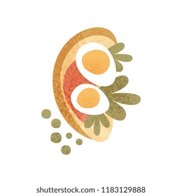 Rye bread with boiled egg, red sauce and greens. Sandwich for breakfast. Appetizing morning meal. Flat vector with texture