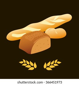 Rye bread, french baguette, wheat bread. Vector illustration.