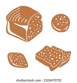 Rye bread loaf, toasts and buns. Colorful paper cut collection of baked goods isolated on white background. Doodle hand drawn bakery products icons. Vector illustration