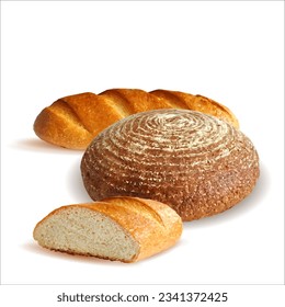 Rye bread low poly. Baguette on white background. Hot Bread. Delicious pastry. Vector illustration. Bun in triangulation technique.