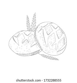 Rye bread with wheat monochrome illustration. Bread outline icon for bakery shop or food design. Cooked meal used as toast or snack, organic food, vector in flat style