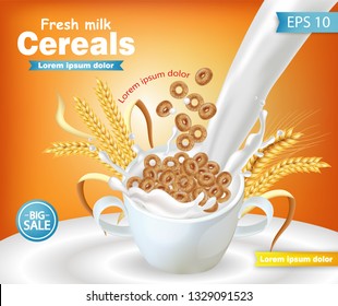 Rye cereals bowl with milk splash Vector realistic mock up. Product placement label design. 3d detailed illustrations