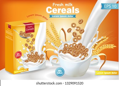 Rye cereals in milk splash Vector realistic mock up. Product placement label design. 3d detailed illustrations