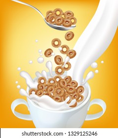 Rye cornflakes cereals with milk splash Vector realistic mock up. Product placement label design. 3d detailed illustrations