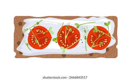 Rye crisp bread. Crispbread with soft cottage cheese and red tomato slices and micro greens. Healthy snack isolated on white background. Design for menu cafe, cooking class, recipe, cookbook