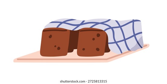 Pan de pan oscuro de centeno cortado en rodajas y cubierto con una toalla, tela. Panadería integral de masa madre artesanal a bordo. Comida artesanal casera rústica. Ilustración vectorial plana aislada sobre fondo blanco
