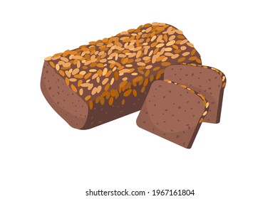 Rye grain bread. Slices of bread on a white background. Isolated object. Loaf, rye, whole grain. Bakery products. Food, cartoon style. Vector illustration