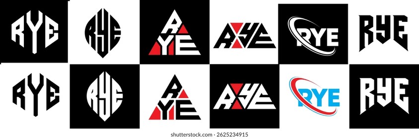 RYE Buchstaben Logo Design in sechs Stil. RYE Polygon, Kreis, Dreieck, Sechseck, flach und einfach mit schwarz-weißem Farbvariationsbuchstaben Logo in einem Zeichenbrett gesetzt. RYE minimalistisches und klassisches Logo