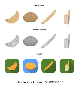 Rye round bread, a croissant, a French loaf, a bag of bread.Bread set collection icons in cartoon,flat,monochrome style vector symbol stock illustration web.