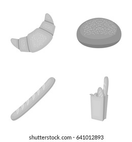 Rye round bread, a croissant, a French loaf, a bag of bread.Bread set collection icons in monochrome style vector symbol stock illustration web.