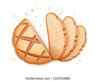 Rye round dark bread. Realistic loaf. Baking healthy food. Flour product for eating. Bake ration. Isolated white background. EPS10 vector illustration.