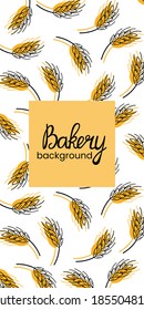Rye vertical background. Line grain wheat or cereal. Cartoon yellow elements on white, bread or beer advertising poster, flyer or banner with copy space, vector doodle brochure or booklet illustration