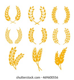 Rye wheat ears wreaths vector elements for bread and beer labels and logos. Harvest cereal golden rye illustration