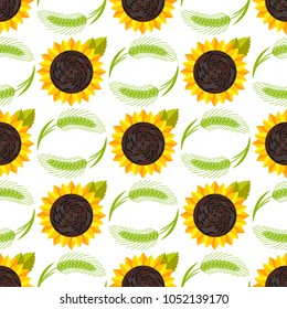 Rye wheat harvest vector ears of golden sunflower beautiful nature rural seamless pattern background