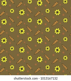 Rye wheat harvest vector seamless pattern ears of golden sunflower beautiful nature rural background
