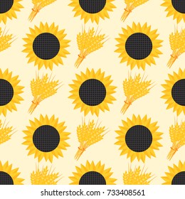 Rye wheat harvest vector seamless pattern ears of golden sunflower beautiful nature rural background