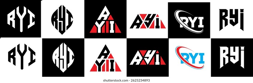 RYI letter logo design in six style. RYI polygon, circle, triangle, hexagon, flat and simple style with black and white color variation letter logo set in one artboard. RYI minimalist and classic logo