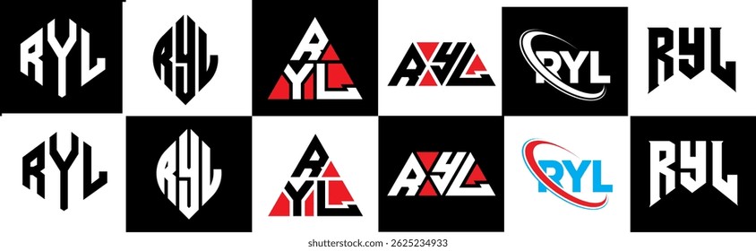 RYL letter logo design in six style. RYL polygon, circle, triangle, hexagon, flat and simple style with black and white color variation letter logo set in one artboard. RYL minimalist and classic logo