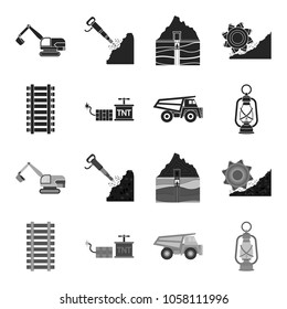 Ryllsy,vzryvchatka, dumper, lantern.Mine set collection icons in black,monochrome style vector symbol stock illustration web.