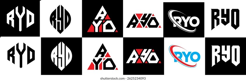 RYO letter logo design in six style. RYO polygon, circle, triangle, hexagon, flat and simple style with black and white color variation letter logo set in one artboard. RYO minimalist and classic logo