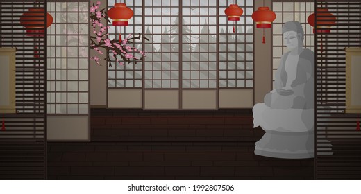 Ryokan An empty Zen room in a very Japanese style with a Buddha statue. Cartoon style. Vector illustration.