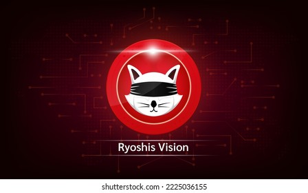 Ryoshis Vision coin cryptocurrency token symbol. Coin icon on dark background. Technology for finance in International stock blockchain. Vector illustration.