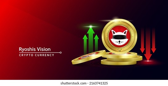 Ryoshis Vision token cryptocurrency banner. Future currency on blockchain stock market with red-green arrows up and down. Gold coin crypto currencies. Banner for news on a solid background. 3D Vector.