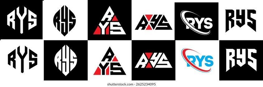 RYS letter logo design in six style. RYS polygon, circle, triangle, hexagon, flat and simple style with black and white color variation letter logo set in one artboard. RYS minimalist and classic logo